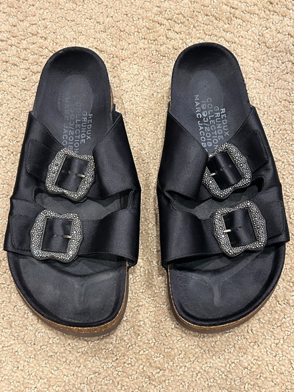 Marc Jacobs Black Satin Slide Sandals with Bling Buckles